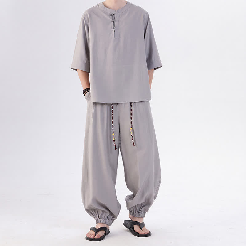 Buddha Stones Spring Summer Tang Style Frog Button Solid Elbow-Length Sleeve Shirt Pants Men's Meditation Cloth With Pocket - Silver - US/UK/AU46，EU56 (5XL) - image 11