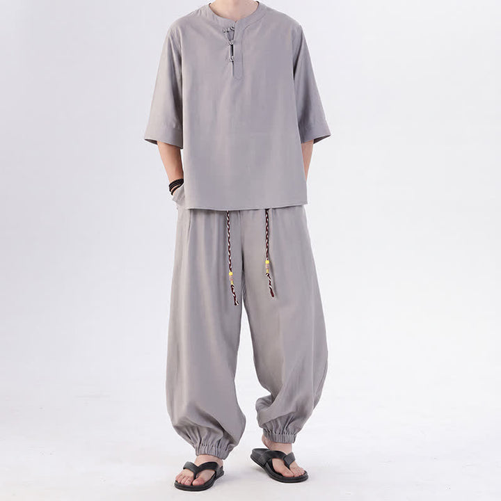 Buddha Stones Spring Summer Tang Style Frog Button Solid Elbow-Length Sleeve Shirt Pants Men's Meditation Cloth With Pocket - Silver - US/UK/AU46，EU56 (5XL) - image 11