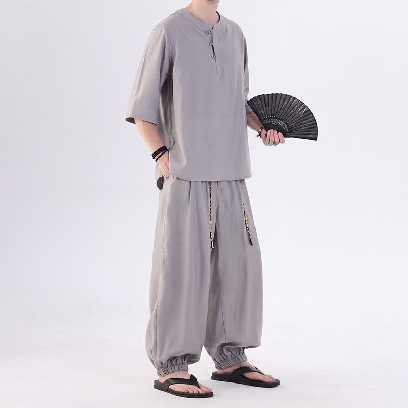 Buddha Stones Spring Summer Tang Style Frog Button Solid Elbow-Length Sleeve Shirt Pants Men's Meditation Cloth With Pocket - image 16