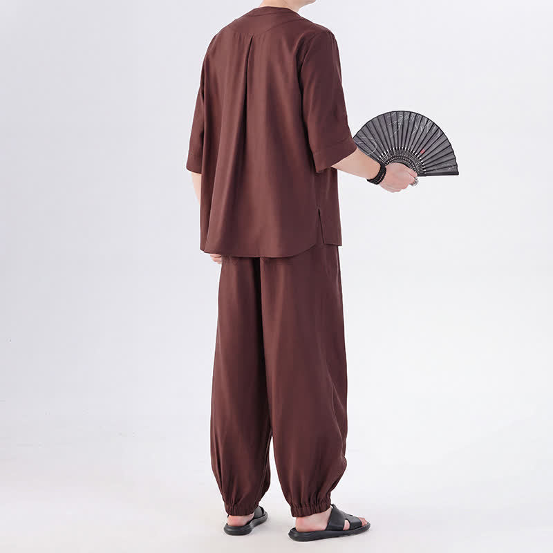 Buddha Stones Spring Summer Tang Style Frog Button Solid Elbow-Length Sleeve Shirt Pants Men's Meditation Cloth With Pocket - image 33