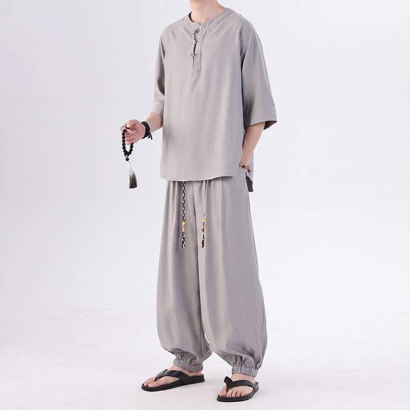 Buddha Stones Spring Summer Tang Style Frog Button Solid Elbow-Length Sleeve Shirt Pants Men's Meditation Cloth With Pocket - image 14