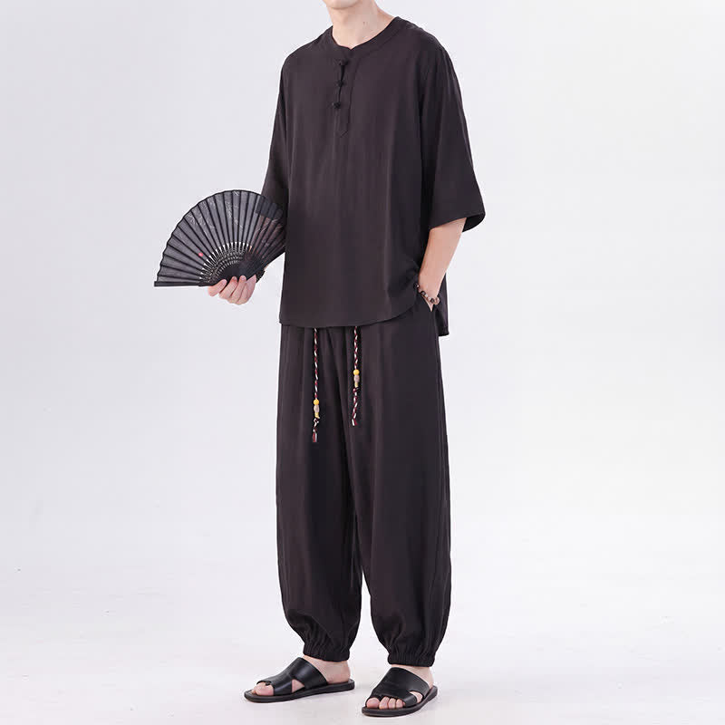 Buddha Stones Spring Summer Tang Style Frog Button Solid Elbow-Length Sleeve Shirt Pants Men's Meditation Cloth With Pocket - image 26