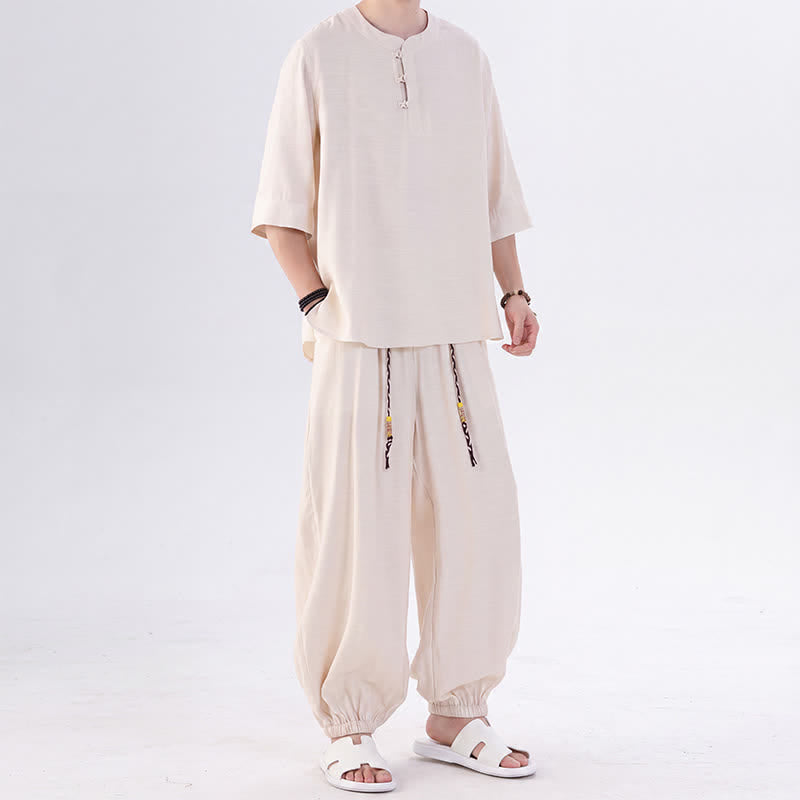 Buddha Stones Spring Summer Tang Style Frog Button Solid Elbow-Length Sleeve Shirt Pants Men's Meditation Cloth With Pocket - image 5