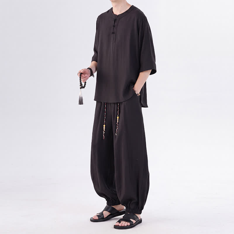 Buddha Stones Spring Summer Tang Style Frog Button Solid Elbow-Length Sleeve Shirt Pants Men's Meditation Cloth With Pocket - image 23