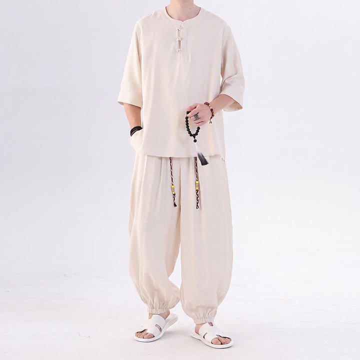 Buddha Stones Spring Summer Tang Style Frog Button Solid Elbow-Length Sleeve Shirt Pants Men's Meditation Cloth With Pocket - AntiqueWhite - US/UK/AU46，EU56 (5XL) - image 0