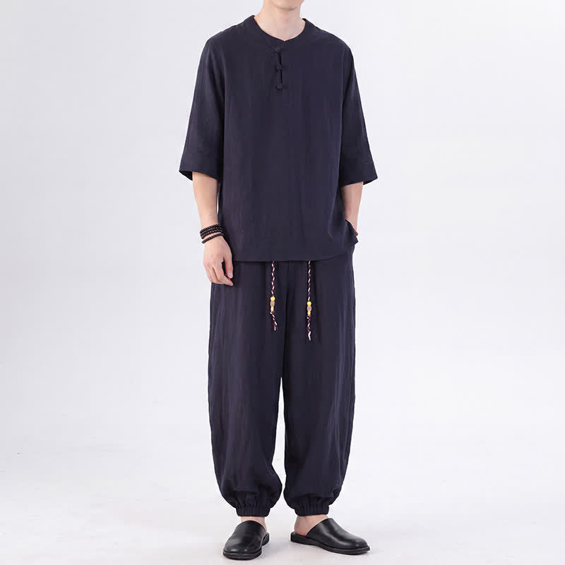 Buddha Stones Spring Summer Tang Style Frog Button Solid Elbow-Length Sleeve Shirt Pants Men's Meditation Cloth With Pocket - image 46
