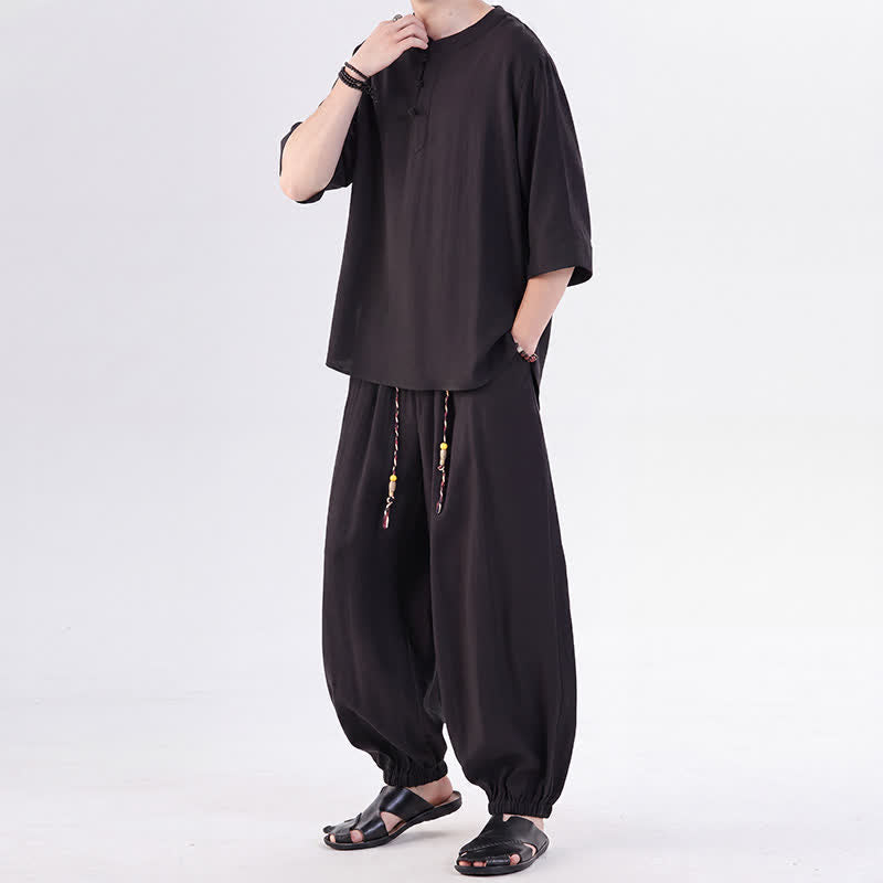 Buddha Stones Spring Summer Tang Style Frog Button Solid Elbow-Length Sleeve Shirt Pants Men's Meditation Cloth With Pocket - image 25