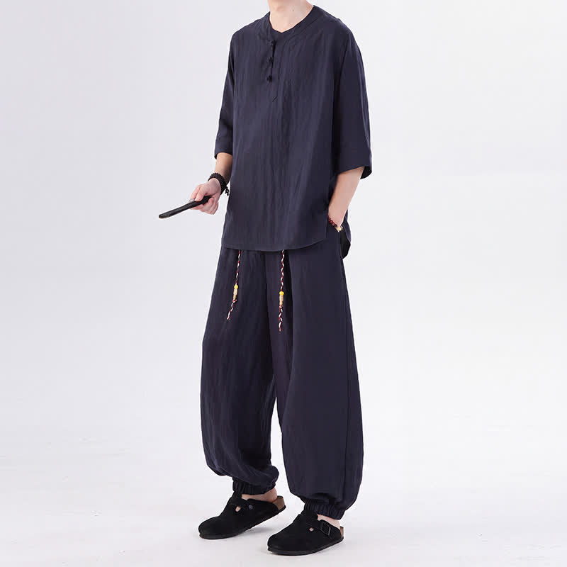 Buddha Stones Spring Summer Tang Style Frog Button Solid Elbow-Length Sleeve Shirt Pants Men's Meditation Cloth With Pocket - image 42