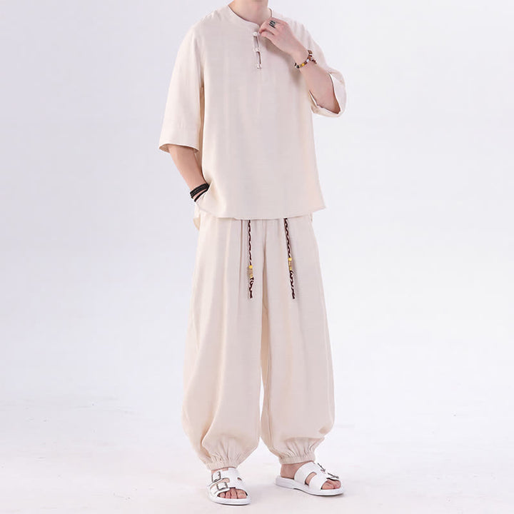Buddha Stones Spring Summer Tang Style Frog Button Solid Elbow-Length Sleeve Shirt Pants Men's Meditation Cloth With Pocket - image 2