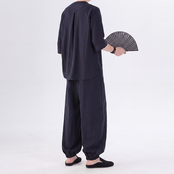Buddha Stones Spring Summer Tang Style Frog Button Solid Elbow-Length Sleeve Shirt Pants Men's Meditation Cloth With Pocket - image 44