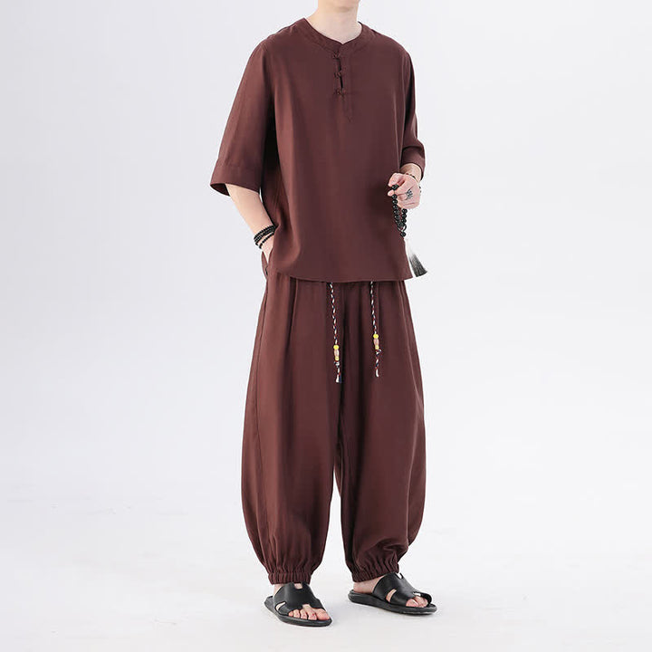 Buddha Stones Spring Summer Tang Style Frog Button Solid Elbow-Length Sleeve Shirt Pants Men's Meditation Cloth With Pocket - image 34