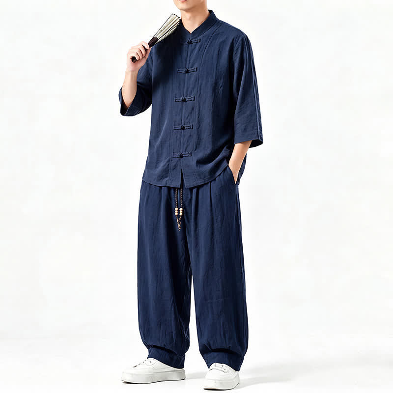 Buddha Stones Spring Summer Tang Style Meditation Frog Button Solid Three-Quarter Sleeve Shirt Pants Men's Meditation Cloth With Pocket - image 16