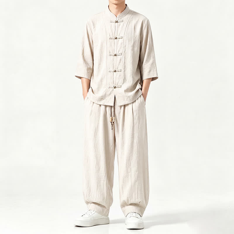 Buddha Stones Spring Summer Tang Style Meditation Frog Button Solid Three-Quarter Sleeve Shirt Pants Men's Meditation Cloth With Pocket - AntiqueWhite - US/UK/AU46，EU56 (5XL) - image 19