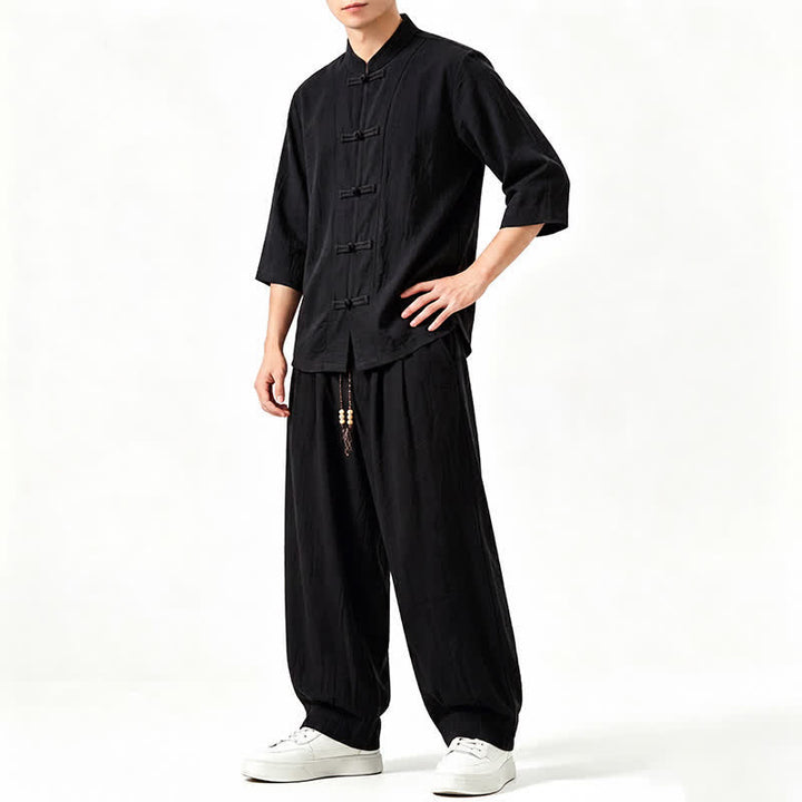 Buddha Stones Spring Summer Tang Style Meditation Frog Button Solid Three-Quarter Sleeve Shirt Pants Men's Meditation Cloth With Pocket - image 11