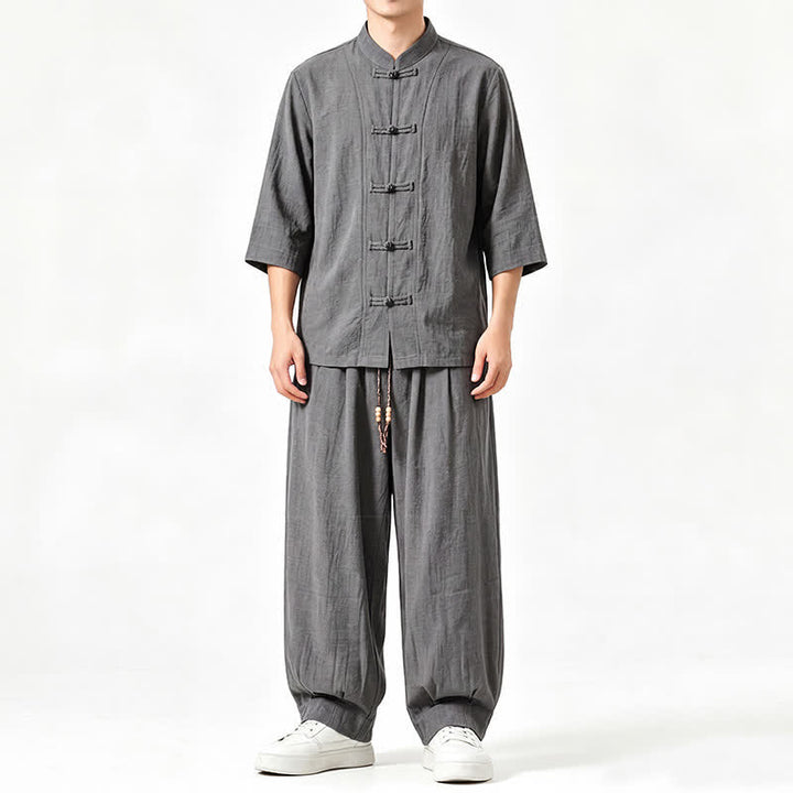 Buddha Stones Spring Summer Tang Style Meditation Frog Button Solid Three-Quarter Sleeve Shirt Pants Men's Meditation Cloth With Pocket - image 1