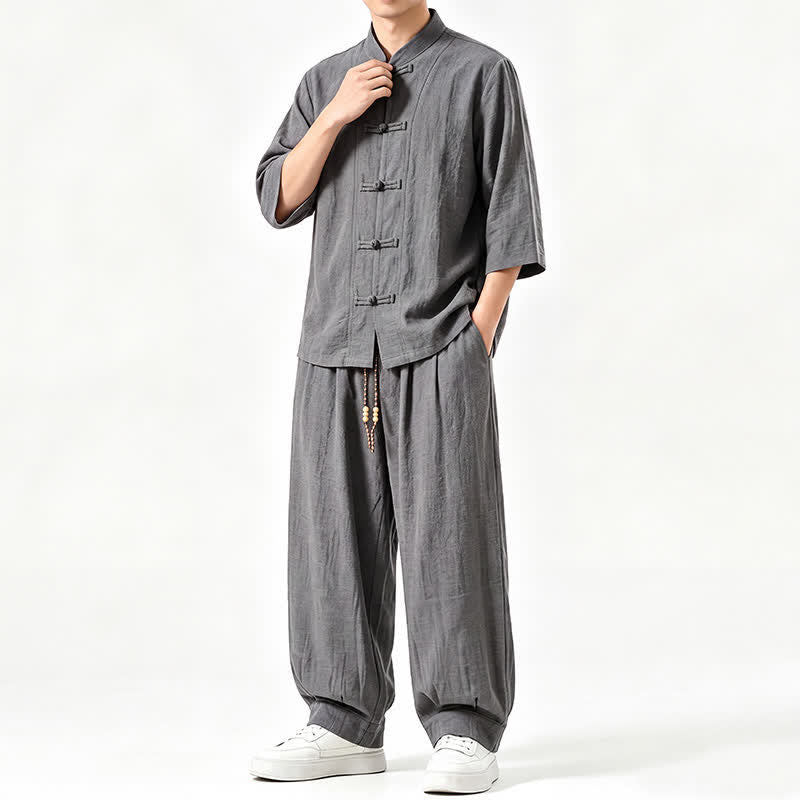 Buddha Stones Spring Summer Tang Style Meditation Frog Button Solid Three-Quarter Sleeve Shirt Pants Men's Meditation Cloth With Pocket - DimGray - US/UK/AU46，EU56 (5XL) - image 0