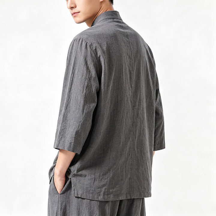 Buddha Stones Spring Summer Tang Style Meditation Frog Button Solid Three-Quarter Sleeve Shirt Pants Men's Meditation Cloth With Pocket - image 6