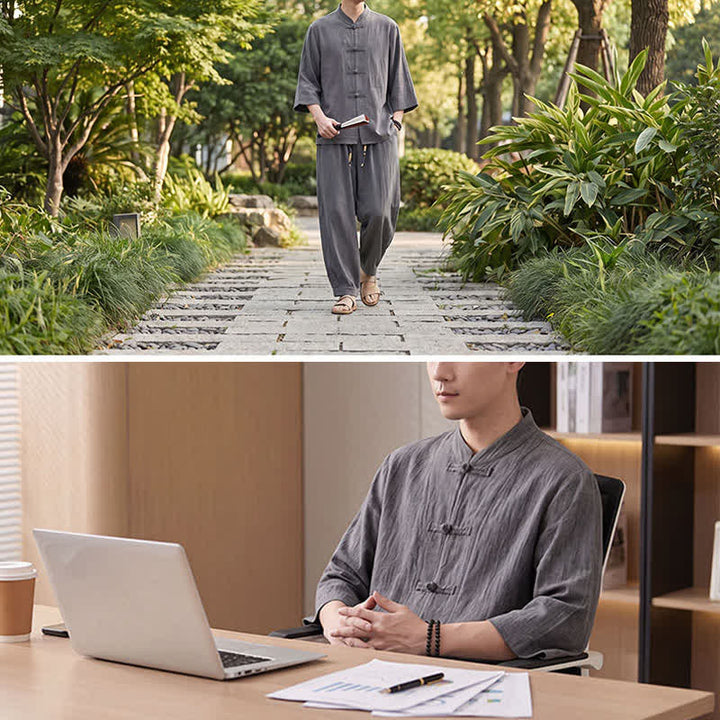 Buddha Stones Spring Summer Tang Style Meditation Frog Button Solid Three-Quarter Sleeve Shirt Pants Men's Meditation Cloth With Pocket - image 8