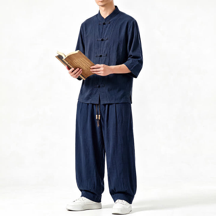 Buddha Stones Spring Summer Tang Style Meditation Frog Button Solid Three-Quarter Sleeve Shirt Pants Men's Meditation Cloth With Pocket - image 17
