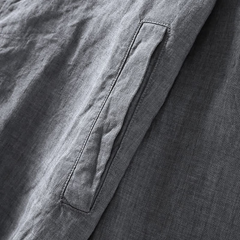 Buddha Stones Spring Casual Minimalist Solid Zipper Design Linen Men's Jacket With Pockets - image 5