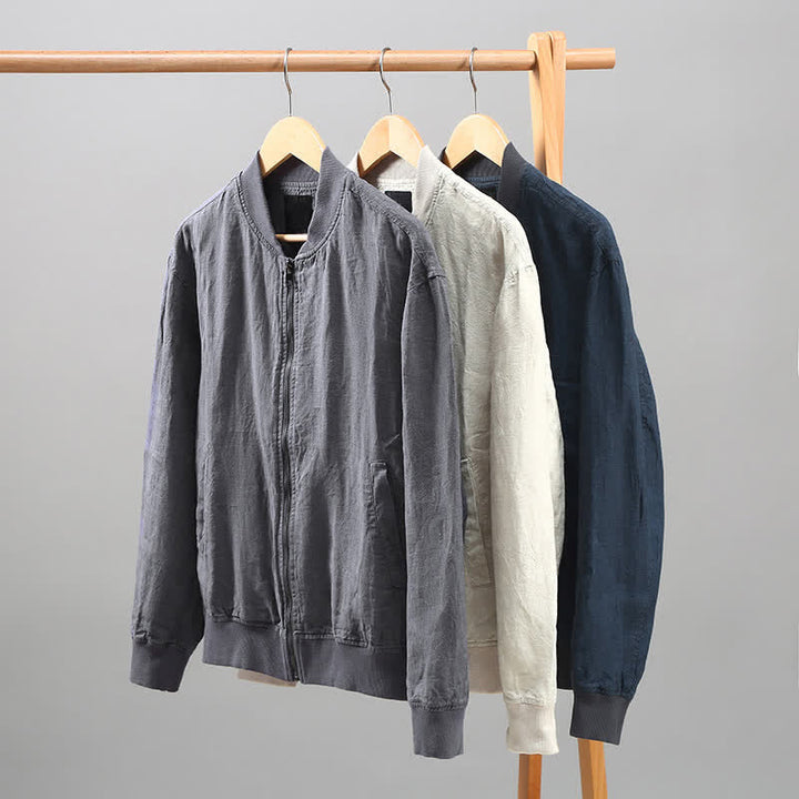 Buddha Stones Spring Casual Minimalist Solid Zipper Design Linen Men's Jacket With Pockets - image 10