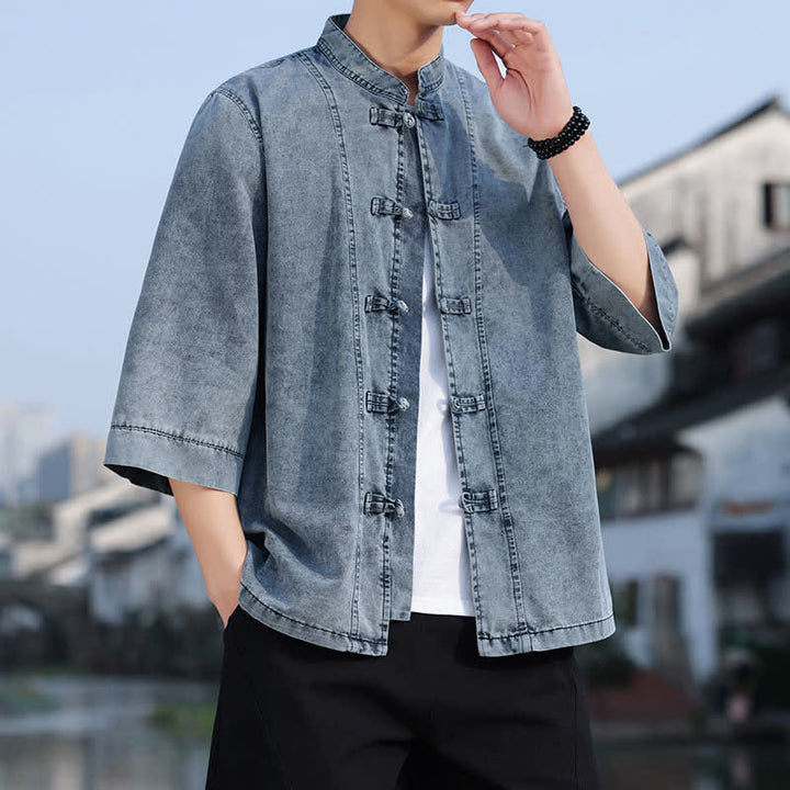 Buddha Stones Spring Vintage Tang Style Frog Button Solid Cotton Cropped Elbow-Length Sleeve Men's Jacket - image 16
