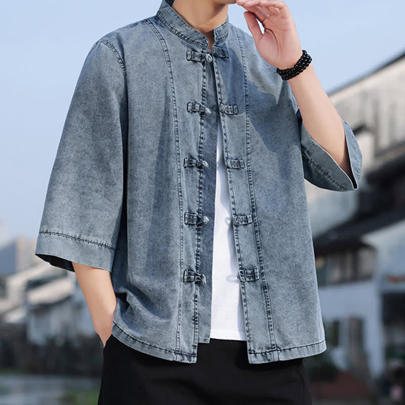 Buddha Stones Spring Vintage Tang Style Frog Button Solid Cotton Cropped Elbow-Length Sleeve Men's Jacket - image 19