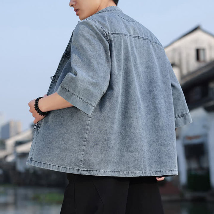 Buddha Stones Spring Vintage Tang Style Frog Button Solid Cotton Cropped Elbow-Length Sleeve Men's Jacket - image 17