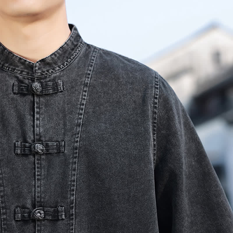 Buddha Stones Spring Vintage Tang Style Frog Button Solid Cotton Cropped Elbow-Length Sleeve Men's Jacket - image 10