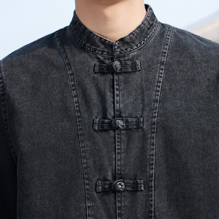 Buddha Stones Spring Vintage Tang Style Frog Button Solid Cotton Cropped Elbow-Length Sleeve Men's Jacket - image 9
