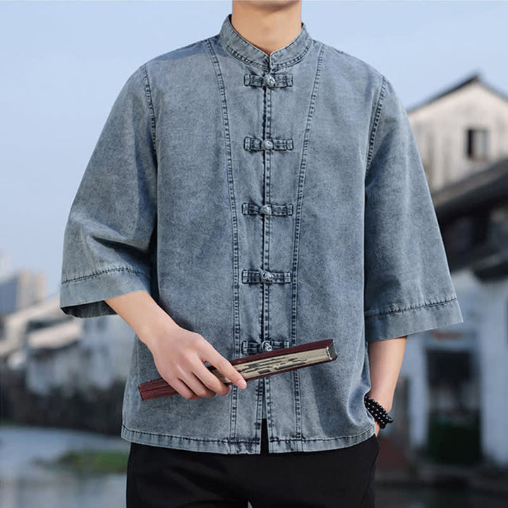 Buddha Stones Spring Vintage Tang Style Frog Button Solid Cotton Cropped Elbow-Length Sleeve Men's Jacket - image 22