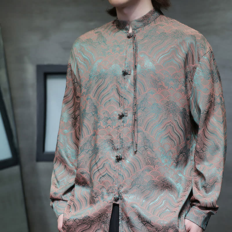 Buddha Stones Fall Vintage Tang Style Mandarin Collar Abstract Waves Men's Long Sleeve Shirts - image 11