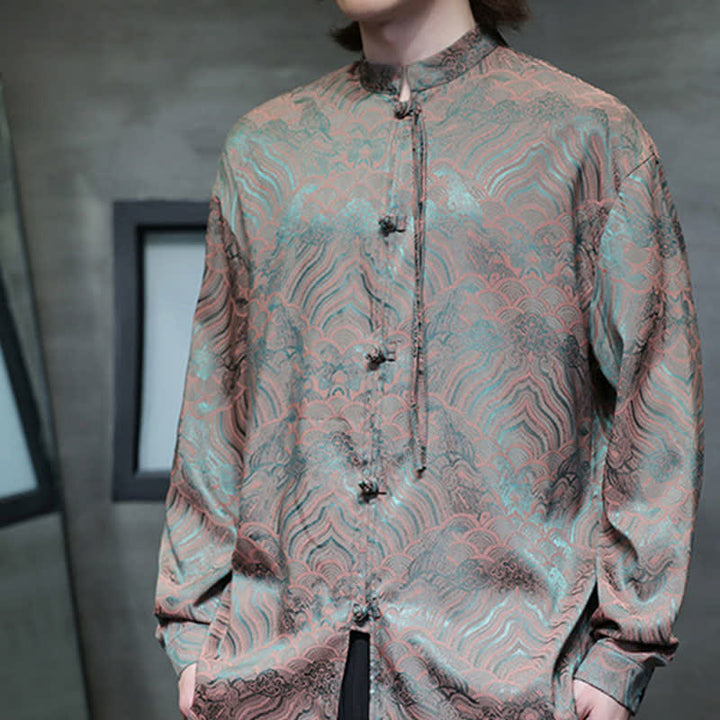 Buddha Stones Fall Vintage Tang Style Mandarin Collar Abstract Waves Men's Long Sleeve Shirts - image 11