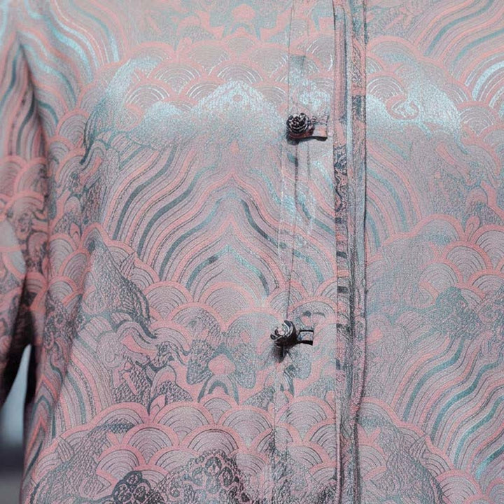 Buddha Stones Fall Vintage Tang Style Mandarin Collar Abstract Waves Men's Long Sleeve Shirts - image 13