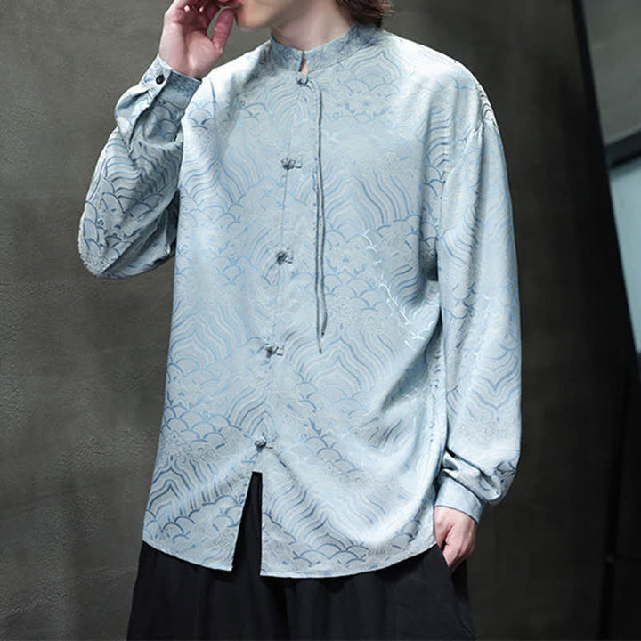 Buddha Stones Fall Vintage Tang Style Mandarin Collar Abstract Waves Men's Long Sleeve Shirts - image 29