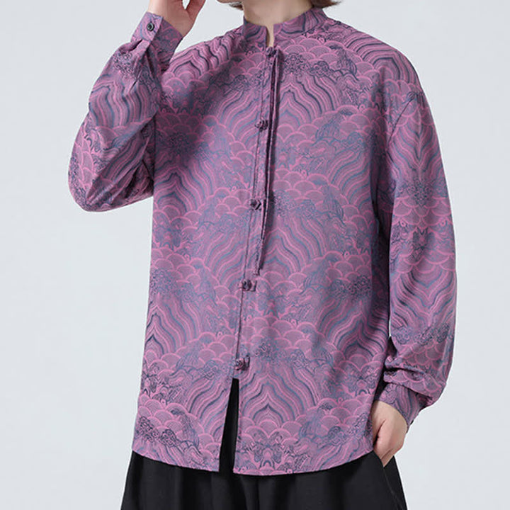 Buddha Stones Fall Vintage Tang Style Mandarin Collar Abstract Waves Men's Long Sleeve Shirts - image 24