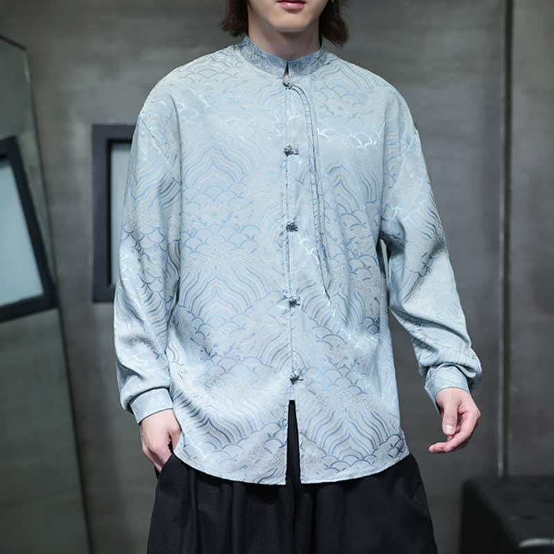 Buddha Stones Fall Vintage Tang Style Mandarin Collar Abstract Waves Men's Long Sleeve Shirts - image 27