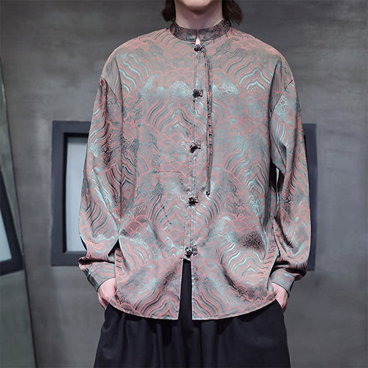 Buddha Stones Fall Vintage Tang Style Mandarin Collar Abstract Waves Men's Long Sleeve Shirts - DarkOliveGreen - US/UK/AU46，EU56 (5XL) - image 0