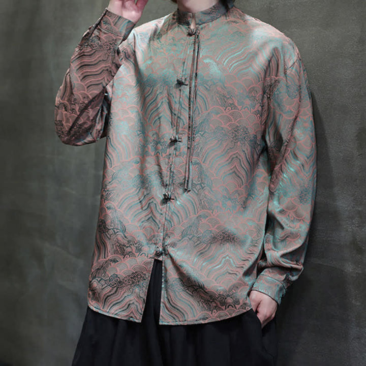 Buddha Stones Fall Vintage Tang Style Mandarin Collar Abstract Waves Men's Long Sleeve Shirts - image 2