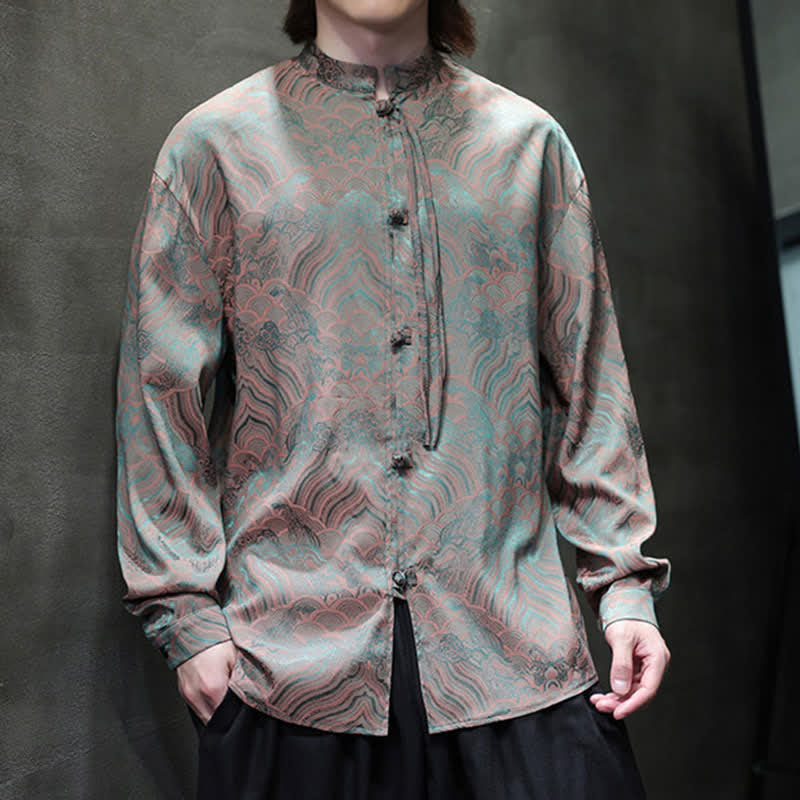 Buddha Stones Fall Vintage Tang Style Mandarin Collar Abstract Waves Men's Long Sleeve Shirts - image 8