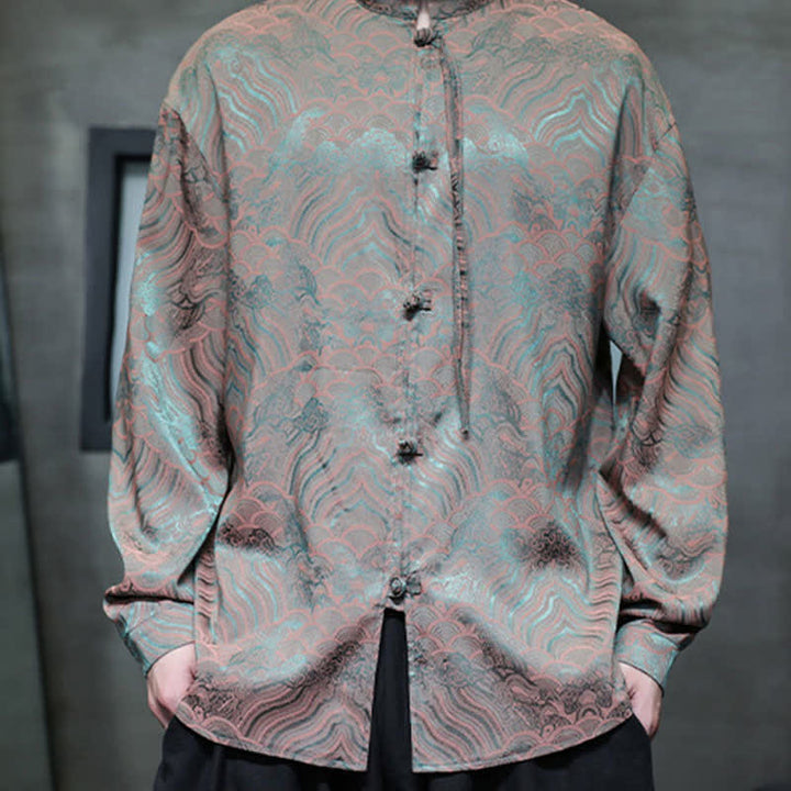 Buddha Stones Fall Vintage Tang Style Mandarin Collar Abstract Waves Men's Long Sleeve Shirts - image 10