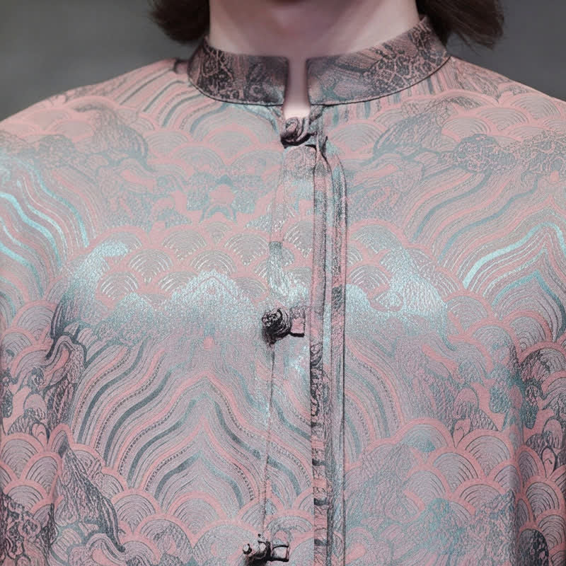 Buddha Stones Fall Vintage Tang Style Mandarin Collar Abstract Waves Men's Long Sleeve Shirts - image 12