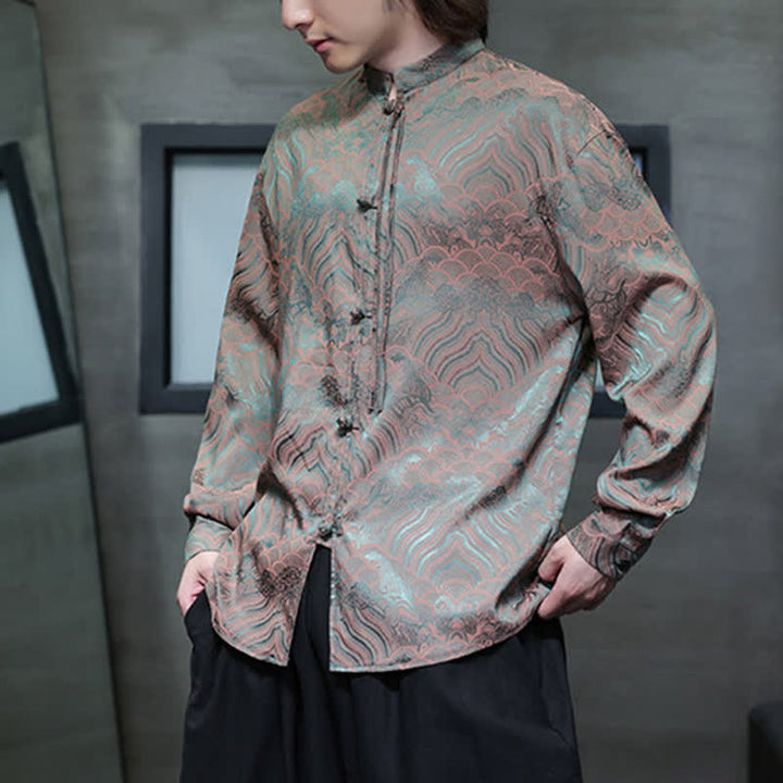 Buddha Stones Fall Vintage Tang Style Mandarin Collar Abstract Waves Men's Long Sleeve Shirts - image 5