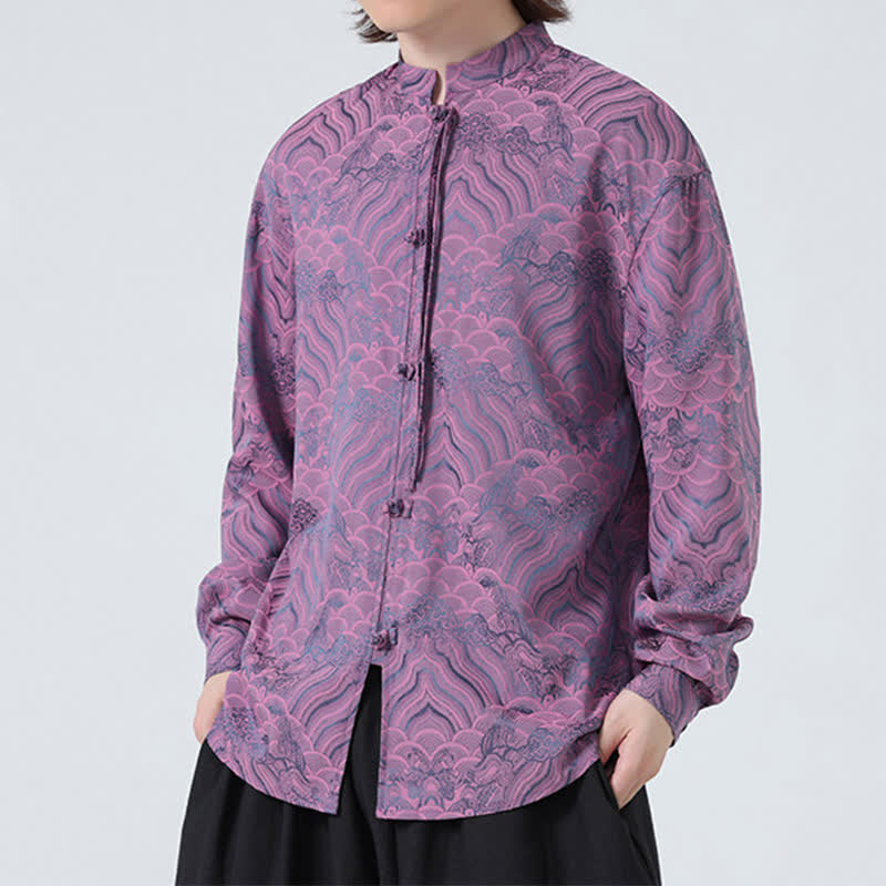 Buddha Stones Fall Vintage Tang Style Mandarin Collar Abstract Waves Men's Long Sleeve Shirts - image 17