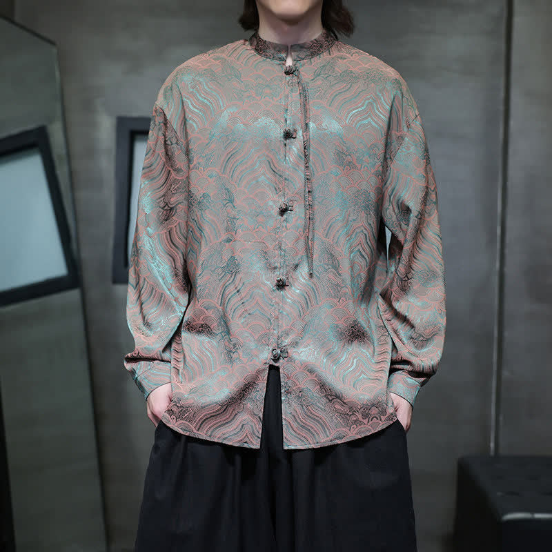 Buddha Stones Fall Vintage Tang Style Mandarin Collar Abstract Waves Men's Long Sleeve Shirts - image 7