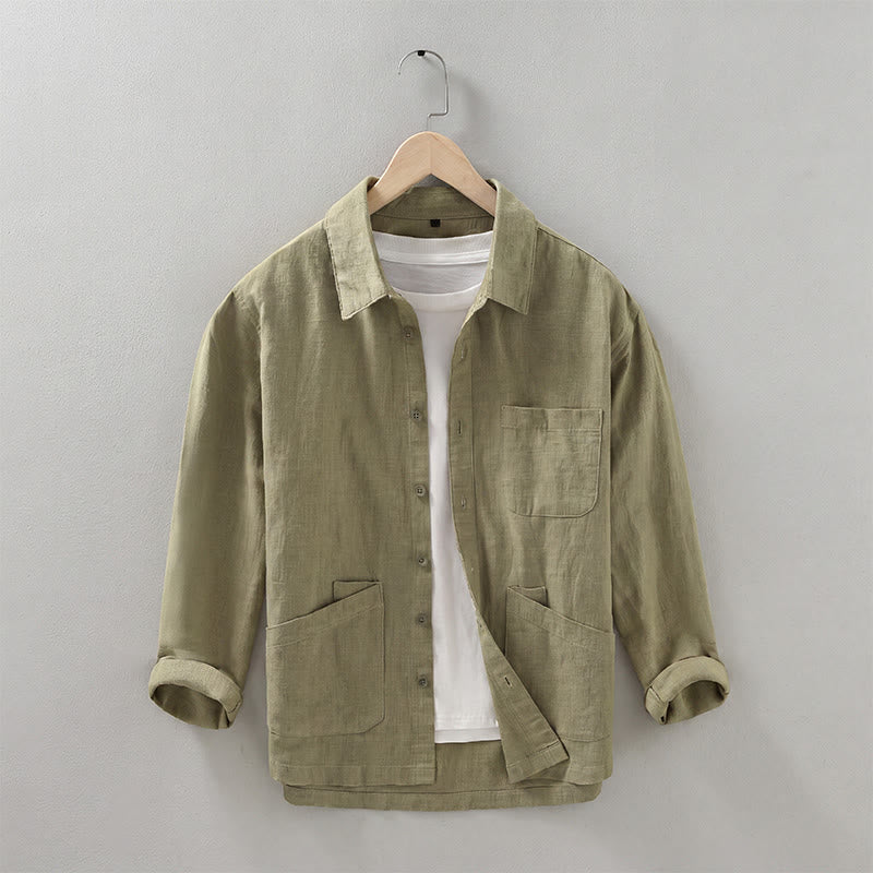 Buddha Stones Fall Casual Minimalist Button-Up Solid Ramie Men's Jacket With Pockets - DarkKhaki - US/UK/AU42，EU52 (3XL) - image 19