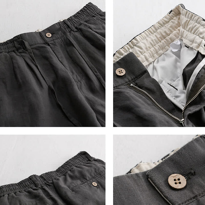 Buddha Stones Spring Summer Casual Drawstring Zipper Design Solid Linen Long Pants Men's Straight Leg Pants With Pockets - image 3