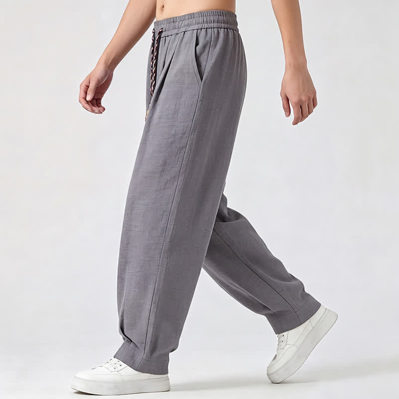 Buddha Stones Spring Summer Casual Drawstring Elastic Waist Solid Long Pants Men's Straight Leg Pants With Pockets - image 4