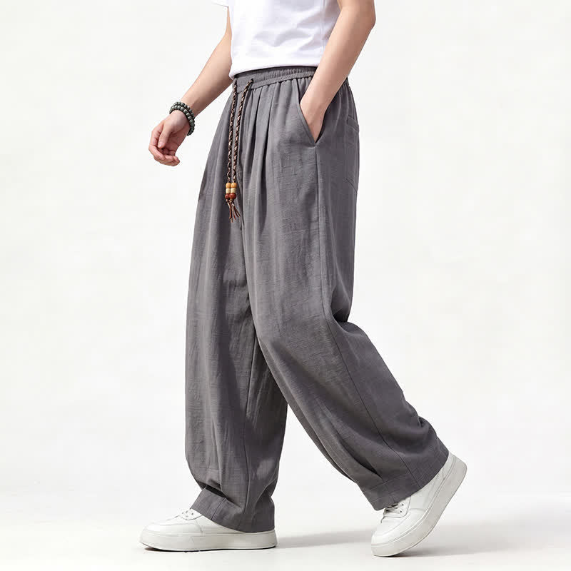 Buddha Stones Spring Summer Casual Drawstring Elastic Waist Solid Long Pants Men's Straight Leg Pants With Pockets - image 1