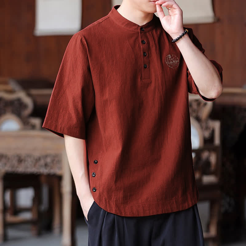 Buddha Stones Summer Casual Tang Style Mandarin Collar Solid Men's Short Sleeve Shirts - image 13